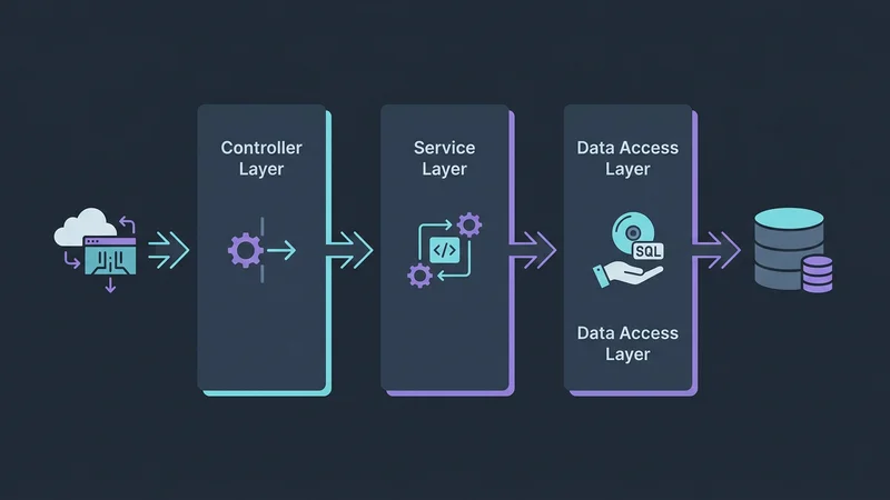 Ein Diagramm, das den Fluss eines HTTP-Requests durch drei Schichten zeigt: die Controller-Schicht, die Service-Schicht und die Data-Access-Layer, die zur Datenbank führt.