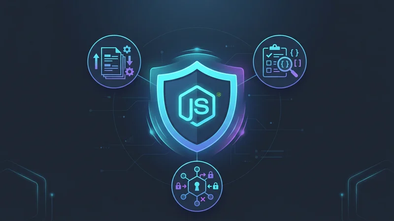 Eine konzeptionelle Illustration eines Sicherheitsschildes, das ein Node.js-Logo schützt, mit Icons für HTTP-Header, Datenvalidierung und das Node.js-Berechtigungsmodell.