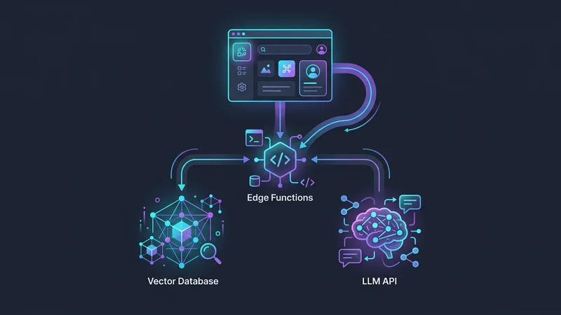 Ein konzeptionelles Diagramm, das den modernen AI-Stack zeigt: Ein User Interface, das mit Edge Functions verbunden ist, welche gleichzeitig mit einer Vector Database und einer LLM API interagieren