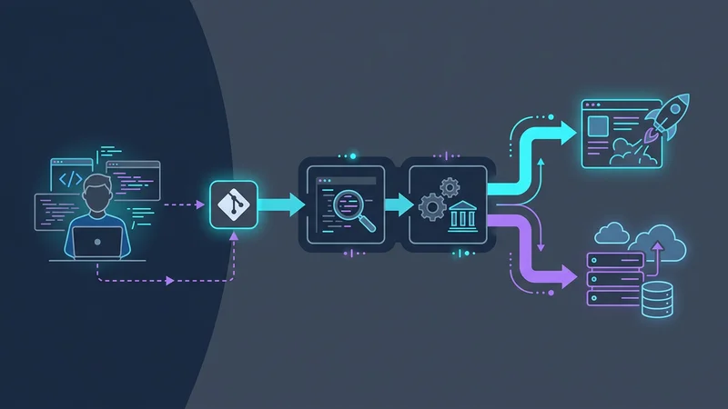 Eine technische Illustration, die den Workflow eines Entwicklers zeigt, bei dem Codeänderungen eine automatisierte CI/CD-Pipeline auslösen, die sowohl das Frontend-UI als auch die Cloud-Infrastruktur via IaC aktualisiert