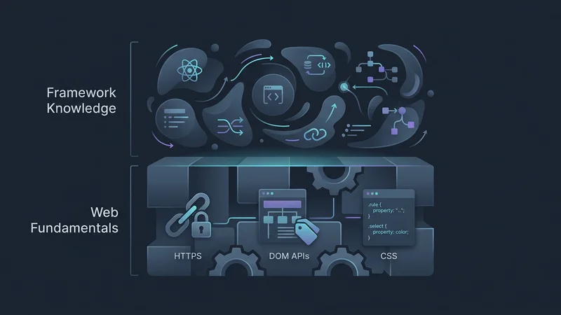 Eine Vergleichsgrafik, die „Framework-Wissen“ als flüchtige, sich ändernde Schicht auf einem soliden, unveränderlichen Fundament aus „Web-Grundlagen“ wie HTTP, CSS und DOM APIs zeigt