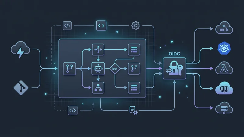 Ein konzeptionelles Diagramm, das den Fluss einer modernen GitHub Actions-Pipeline zeigt, einschließlich des Triggers, der Orchestrierungsschicht mit Agentic Workflows und des Deployments zu verschiedenen Cloud-Providern via OIDC.