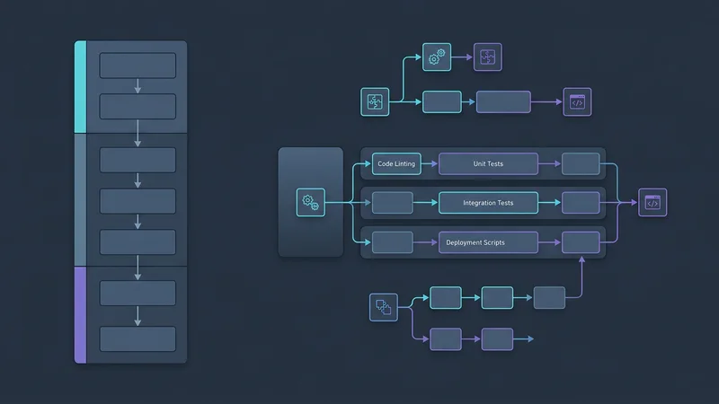 Ein visueller Vergleich zwischen einem traditionellen monolithischen CI-Workflow und einem modularen, parallelisierten Workflow unter Verwendung von Matrix Partitioning und wiederverwendbaren Komponenten.