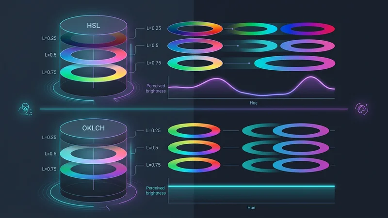 Ein Diagramm, das den Unterschied zwischen den Farbräumen HSL und OKLCH zeigt und hervorhebt, wie OKLCH eine konsistente wahrgenommene Helligkeit über verschiedene Farbtöne hinweg beibehält