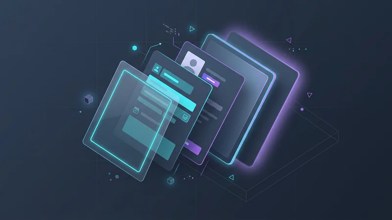 Eine konzeptionelle Visualisierung eines 3D-UI-Stacks, die Ebenen einer Card-Komponente mit angewendeten Utilities für Perspektive, rotate-x und translate-z zeigt