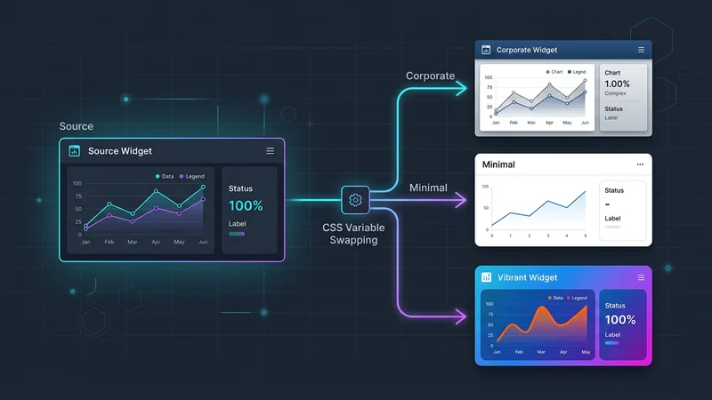 Eine technische Illustration, die zeigt, wie eine einzelne UI-Komponente (wie ein Dashboard-Widget) durch den Austausch von CSS-Variablen in drei verschiedene Stile (Corporate, Minimal und Vibrant) transformiert wird