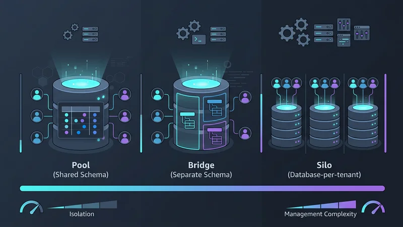 Ein technisches Diagramm, das den Vergleich zwischen Pool (Shared Schema), Bridge (Separate Schema) und Silo (Database-per-tenant) Architekturen zeigt und die Abwägung zwischen Isolierung und Management-Komplexität hervorhebt