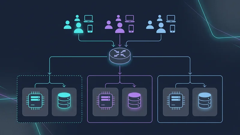 Ein Architekturdiagramm, das eine zellenbasierte Architektur zeigt, bei der verschiedene Gruppen von Tenants an separate Datenbank-'Zellen' geleitet werden, um Noisy-Neighbor-Probleme zu verhindern und den Explosionsradius zu begrenzen