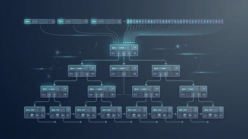 Eine abstrakte Visualisierung eines leistungsstarken B-Baum-Index unter Verwendung von UUIDv7, die zeigt, wie zeitlich sortierte Daten zu einer kompakten und effizienten Datenbankstruktur führen