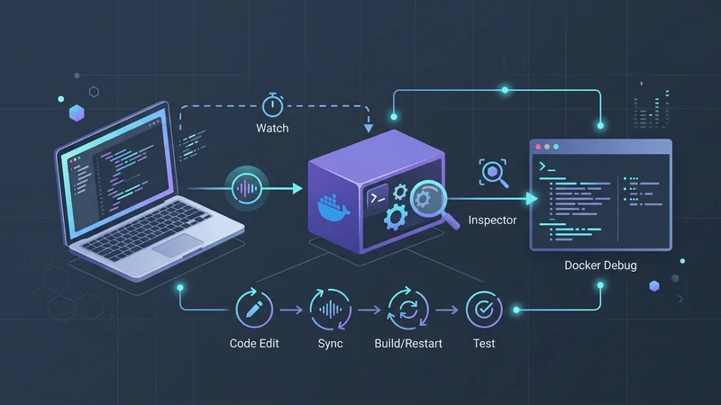 Ein Diagramm, das den Docker Inner Loop zeigt: Der Laptop eines Entwicklers synchronisiert Code via Docker Compose Watch mit einem lokalen Container, während Docker Debug einen laufenden Prozess inspiziert