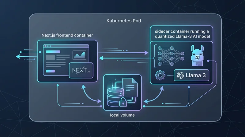 Eine technische Illustration eines Kubernetes-Pods, der einen Next.js-Frontend-Container und einen Sidecar-Container mit einem quantisierten Llama-3-KI-Modell enthält, die sich ein lokales Volume für Modellgewichte teilen