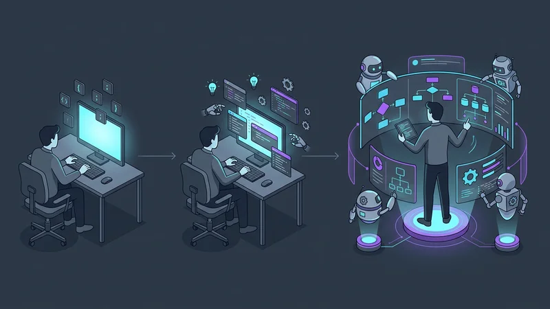 Ein Diagramm, das die Entwicklung des Coding zeigt: von der manuellen Syntaxeingabe über Copilots bis hin zur agentenbasierten Orchestrierung, bei der der Entwickler als Reviewer/Architekt fungiert