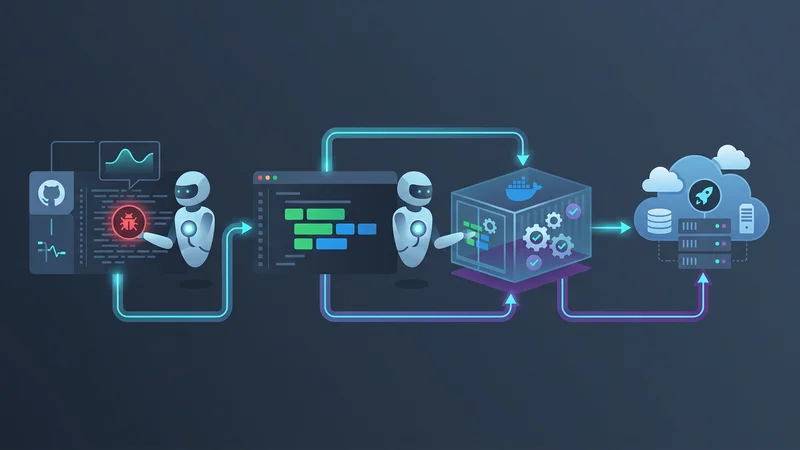 Eine Visualisierung eines autonomen Agenten-Workflows: Erkennen eines Bugs, Schreiben eines Fixes, Ausführen von Tests in einem Container und Deployment in die Cloud