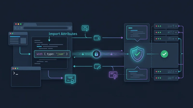 Eine technische Illustration, die den Sicherheits-Handshake zwischen einem Browser und einem Server bei der Verwendung von Import-Attributen zeigt, wobei die Verifizierung des Attributs "with { type: 'json' }" hervorgehoben wird