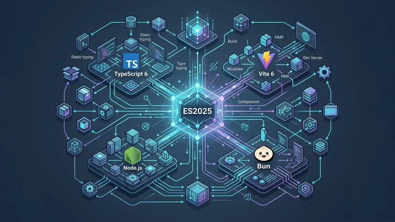 Eine konzeptionelle Karte des JavaScript-Ökosystems 2025, die die Vernetzung von TypeScript 6, Vite 6 und modernen Runtimes wie Bun und Node.js um den ES2025-Kern zeigt