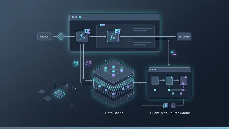 Техническая диаграмма, показывающая архитектуру кэша Next.js 16, иллюстрирующая, как директива 'use cache' взаимодействует с Data Cache и Client-side Router Cache для эффективного обслуживания запросов.