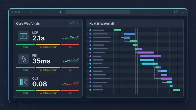 Скриншот дашборда мониторинга производительности, показывающий показатели Core Web Vitals (LCP, FID, CLS) и график водопада сетевых запросов в приложении Next.js.