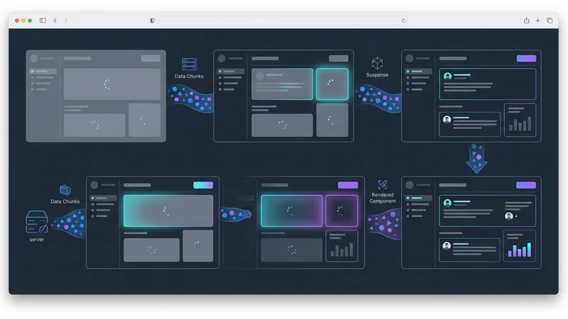 Visualisierung von Streaming: Eine Webseite lädt in Chunks, wobei Suspense-Skelette durch gerenderte Server Components ersetzt werden