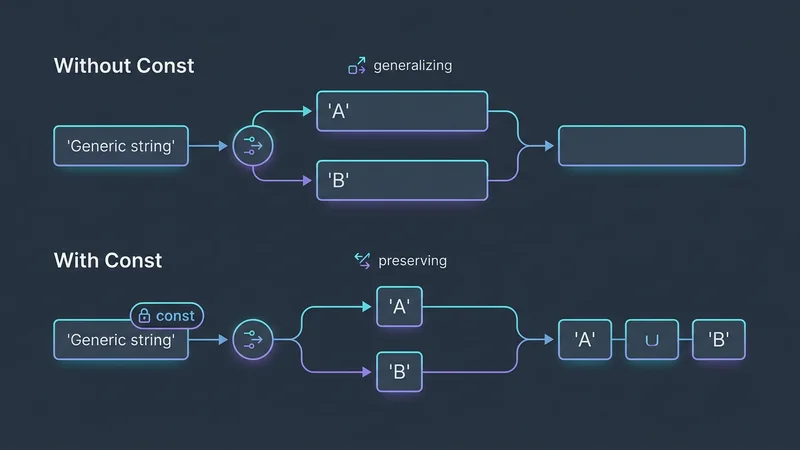 Um diagrama mostrando o fluxo de inferência de tipo com e sem o modificador const, destacando como os tipos literais são preservados na abordagem moderna