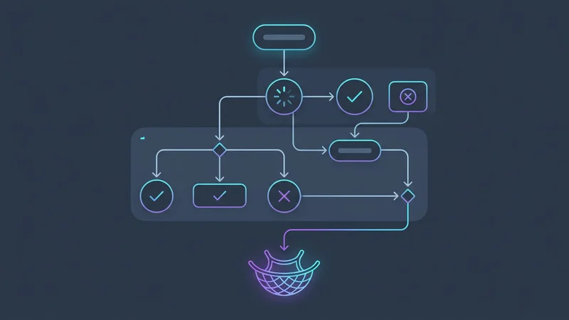 Uma ilustração de um fluxo lógico de máquina de estados usando Uniões Discriminadas, mostrando como o tipo 'never' atua como uma rede de segurança para casos não tratados