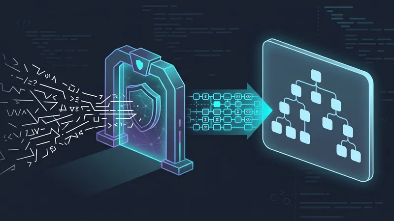 Eine konzeptionelle Illustration, die ein „Sicherheitstor“ (Trusted Types API) zeigt, das einen rohen String abfängt und in ein verifiziertes „TrustedHTML“-Objekt umwandelt, bevor es in das DOM gelangt.