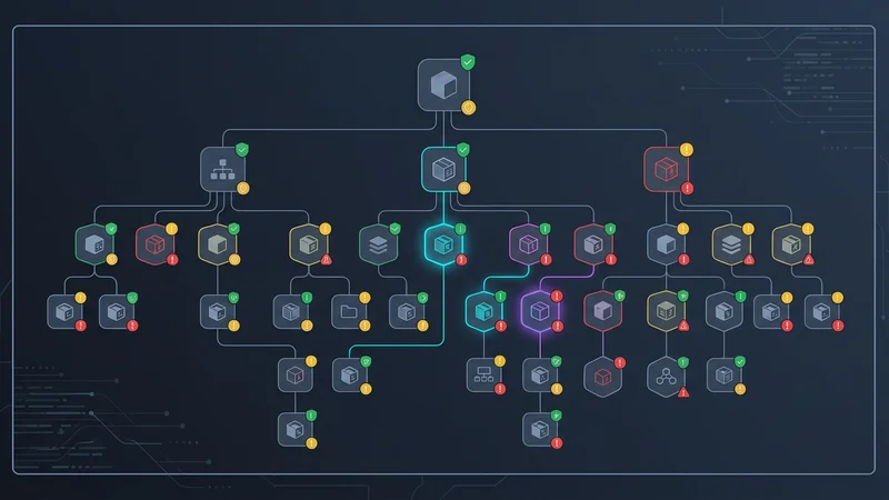 Eine Dashboard-Visualisierung einer Software Bill of Materials (SBOM), die eine Baumstruktur von Abhängigkeiten mit Sicherheitsbewertungen und Schwachstellenwarnungen für jeden Knoten zeigt.